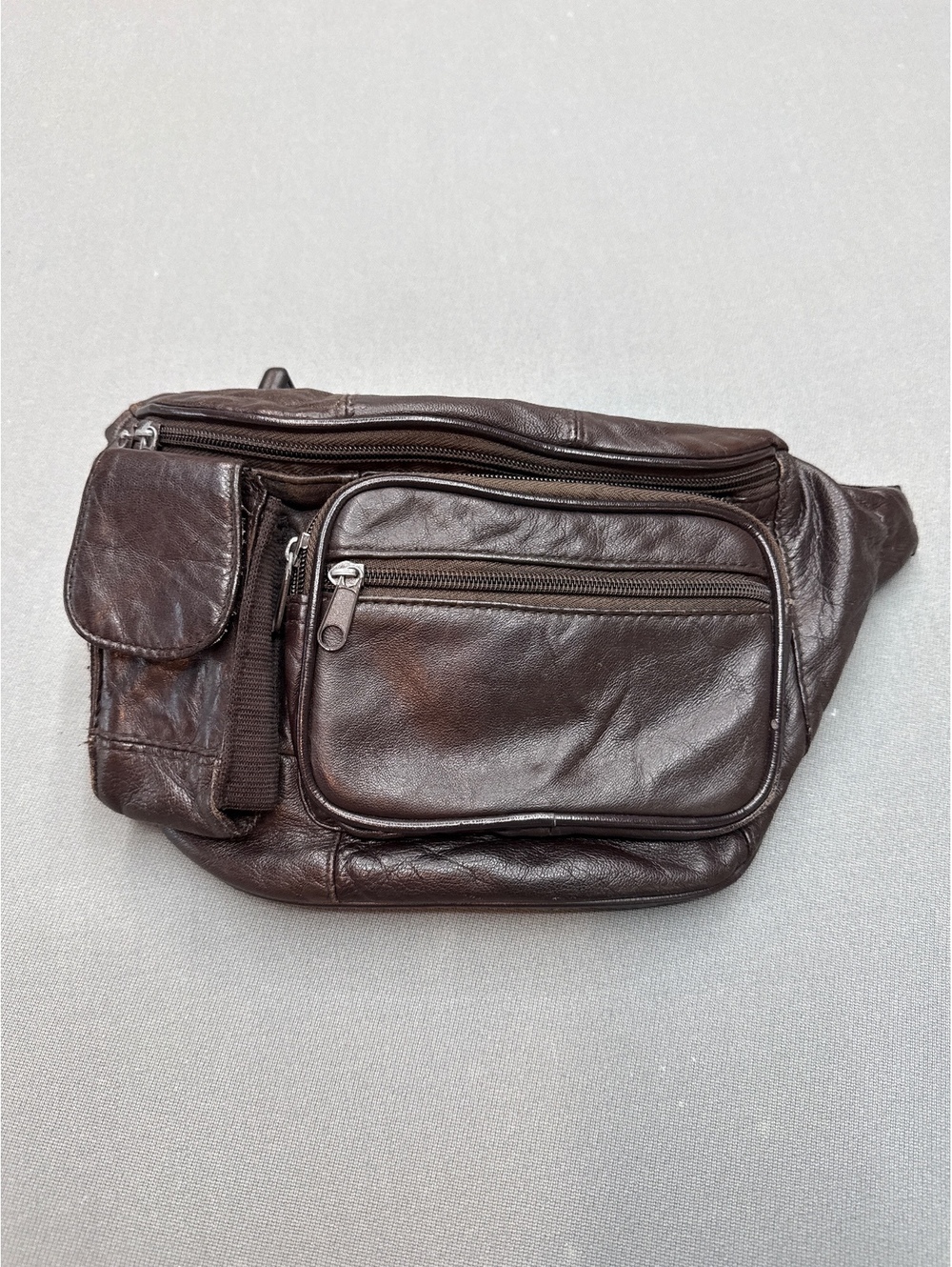 Vintage Brown Genuine Leather Waist Bag with Multiple Zippered Compartments
